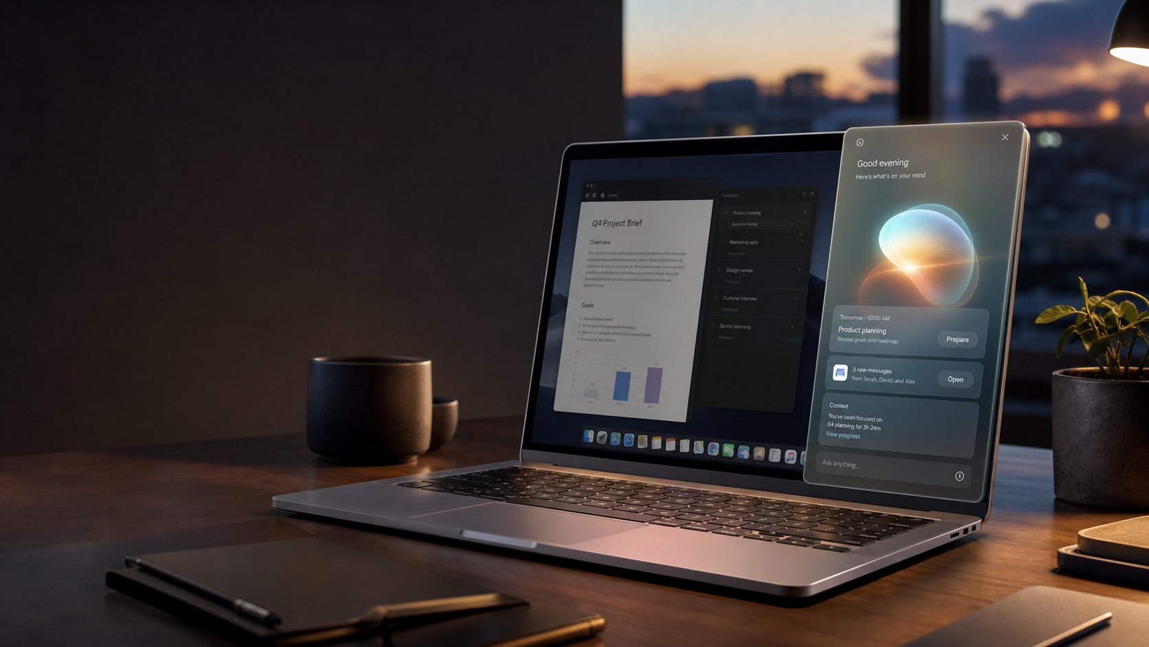 A modern desktop workspace with an AI companion interface.